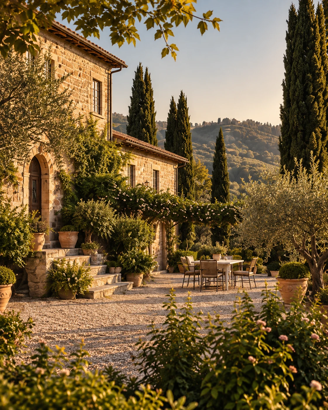 Sunlit Tuscan stone estate with cypress trees and an intimate garden courtyard